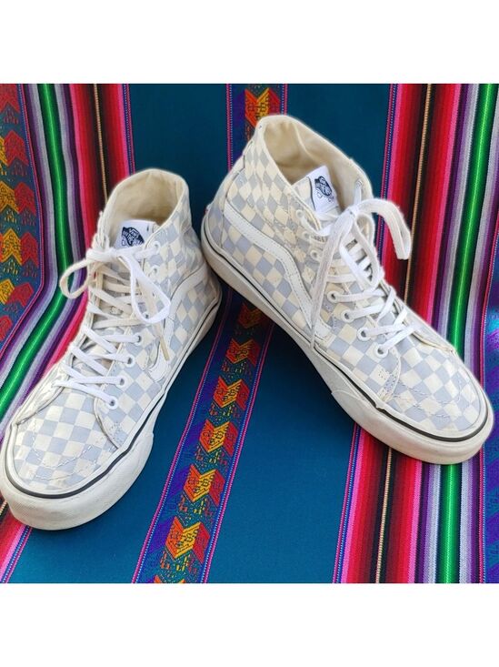 Vans Shoes - Vans Sk8-Hi Checkerboard Sneakers Zen Blue and White Size Men's 8.5 Women's 10